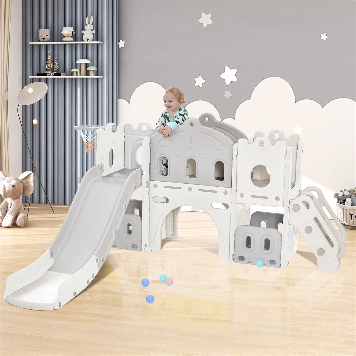 5-in-1 Kids Slide,Freestanding Castle with Climber,Basketball Hoop,Tunnel and Toy Storage Organizer,Playhouse for Outdoor Indoor Playground Activity,Slide Playset for Toddlers,Kids,White