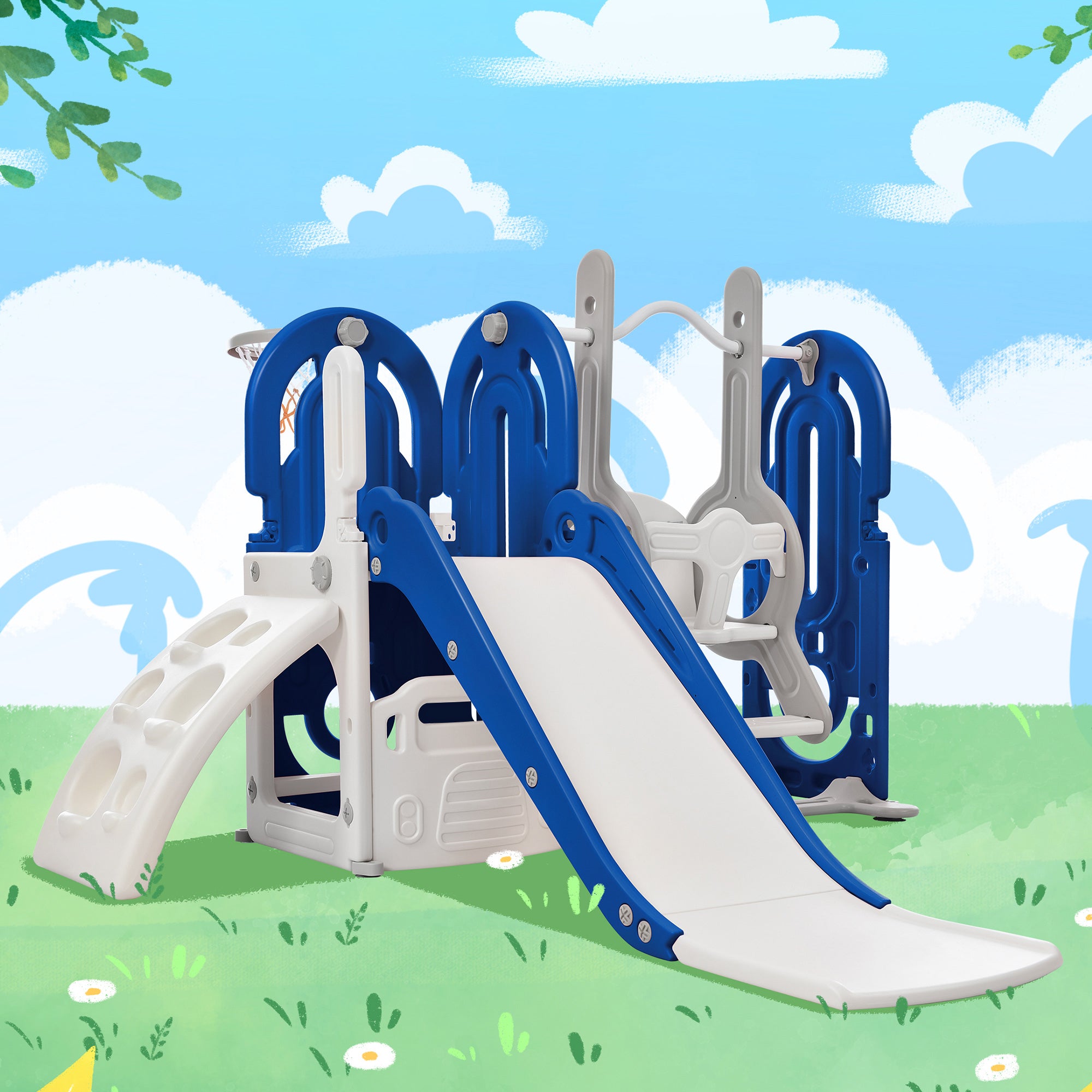 5 in 1 Toddler Slide and Swing Set, Child Playground Climber Freestanding Slide Playset with Basketball Hoop Play Combination for Babies Indoor and Outdoor, Blue