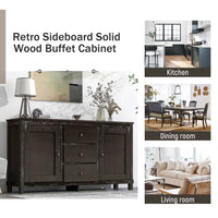 Retro Solid Wood Buffet Cabinet, 64 Inch Kitchen Sideboard with Cabinet 2 Storage Cabinets, Adjustable Shelves and 3 Drawers, Coffee Bar Cabinet Storage Cabinet for Living Room, Dining Room, Espresso