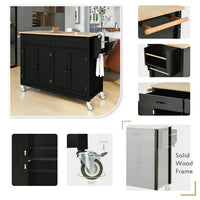 Kitchen Island Cart with Spacious Tabletop and Locking Wheels, 54.3" Large Kitchen Trolley Cart with 4 Door Cabinet and Two Storage Drawers, Spice Rack Towel Rack, Rolling Kitchen Island Cart, Black