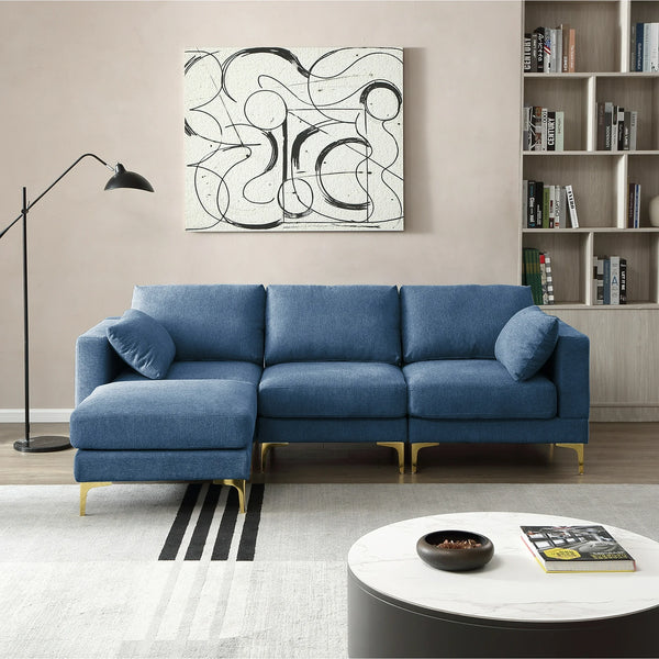 93"L-shaped Sectional Sofa with Removable Ottoman Footrest and Metal Legs, Modern Free Combination Modular Sofa Couch with Soft Backrest & Armrest & Thick Seats Cushion for Living Room, Blue