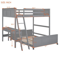 Full Over Full Bunk Beds with Desk and Drawers, Wood Full Size Loft Bed, L-Shaped Bunk Bed for Kids Boys Girls Teens Bedroom, Gray
