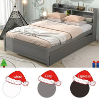 Full Bed with Trundle, Full Size Platform Bed with Bookcase Headboard and Pull Out Trundle Bed for Kids Teens Adults, Wooden Twin Bed Frame with Storage Shelves, Bed Frame for Living Room, Gray