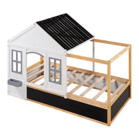 Twin Size House Shaped Canopy Bed, Fun House Bed with Black Roof, White Window, Blackboard, Little Shelf, Multi-functional Bed Frame for Children, White