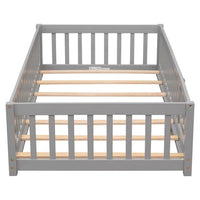 Twin Floor Bed Frame for Kids Toddlers, Wooden Montessori Bed with 7 Wood Slats, Fence-Shaped Guardrails and Door for Boys Girls Bedroom Playroom, No Box Spring Needed, Gray