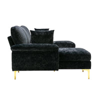Convertible L-Shaped Sectional Sofa with Movable Ottoman, Upholstered Accent Sofa with 2 Pillows and Golden Metal Legs, Modular Sectional Couch Sets for Living Room Office Apartment, Black