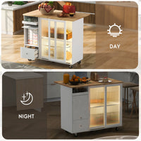 Kitchen Island with Drop Leaf, Modern LED Light Kitchen Cart on Wheels with 2 Fluted Glass Doors and 1 Flip Cabinet Door, 44" Large Kitchen Island Cart with an Adjustable Shelf and 2 Drawers, White