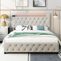 Upholstered Platform Bed,Queen Size Lift Up Storage Bed Frame with Adjustable Headboard,Featured with Bluetooth Audio,LED Light and USB Charging for Bedroom,No Box Spring Needed,Easy Assembly,Beige