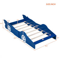 Race Car-Shaped Bed Frame for Kids Toddlers, Twin Size Solid Wood Platform Bed with Wheel and Safety Guardrail & Slats Support Low Floor Platform Bed Frame No Box Spring Needed, Blue