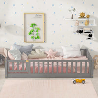 Twin Size Floor Bed for Toddlers and Kids, Solid Wood Montessori Floor Bed with Safety Fence Rail and Small Door, Durable Montessori Bed Frame with Sturdy Slats Support for Boys and Girls, Gray