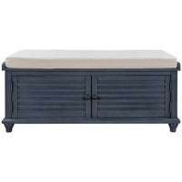 Storage Bench with Removable Cushion and Two Doors, Louver Design Shoe Bench for Entryway, Living Room, Bedroom, 43.4"L x 15.75"W x 19.4"H, Navy Blue
