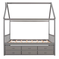 Full Size House Bed with Trundle and 3 Storage Drawers, Captain's Beds with Roof, Wooden Storage Daybed Frame for Kids Teens Boys Girls, Gray
