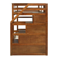 Hardwood Twin-Over-Twin Bunk Bed with Twin Size Trundle, 3 Storage Stairs and Full-length Guardrail, Solid Wood Bunk Bed for Kids Adult, 94.4"L x 42.4"W x 61.4"H, Walnut