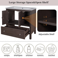 30" Bathroom Vanity Without Sink, Bathroom Vanity Cabinet Base Only, Freestanding Bath Vanity with Soft Close Doors and Drawer, Solid Wood Frame Bathroom Cabinet with Adjustable Shelf, Brown
