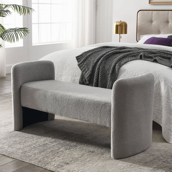 52" Inches Bedroom Bench, Modern Tufted End of Bed Bench with Arms, Upholstered Ottoman Couch Bedroom Benches for Foot of Bed Long Bench Window Sitting Fireplace Bench, 250LB, Grey Teddy
