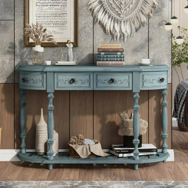 52"Retro Circular Curved Storage Console Table,Half Moon Entryway Table with 4 Drawers and Bottom Shelf, Sofa Table Hallway Table for Living Room, Hallway,Kitchen