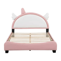 Full Size PU Leather Upholstered Princess Bed, Platform Bed Frame with Unicorn Shape Headboard and Footboard for Kids, Low Full Bed Frame for Girls, Teens, Adult