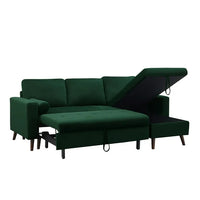 88" Convertible Sectional Sofa with Pull-Out Bed, Modern Tufted Velvet Upholstered Corner Sofa Bed with Reversible Storage Chaise and 2 Pillows, 3-seat L-Shaped Sofa Couch for Living Room Office Green