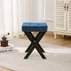 Vanity Stool, Square Fabric Makeup Stool with Metal X Legs, Ottoman Stool Chair with Rivet Trims for Vanity, Modern Padded Vanity Seat Foot Rest Stool for Makeup Room, Living Room, Blue