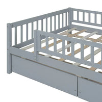 Low Wood Bed with Fence Guardrails for Kids, Full Size Platform Bed Frame Montessori Bed with 2 Storage Drawers & Slats System for Boys Girls Bedroom, No Box Spring Required, (Gray, Full Size)