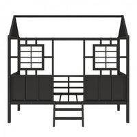 Twin Size House Loft Beds, Metal Loft Bed Frame with Roof and Two Front Windows, Playhouse Loft Bed with Fence Railings Cabin Beds for Girls Boys Teens, No Box Spring Needed-Black