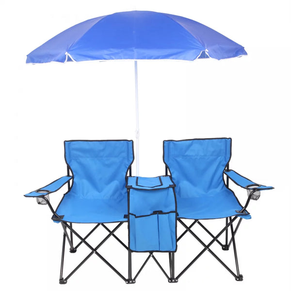 Loveseat Camping Chair with Removable Umbrella,Portable Folding Chair with Cooler Bag & 2 Cup Holders & Carrying Bag, Foldable Patio Chair for Travel, Fishing, Picnic