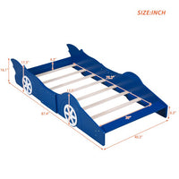 Race Car Bed, Solid Wood Floor Bed with Wheels and Safety Guardrails, Twin Size Platform Bed with Slats Support for Boys Girls Adults, No Spring Box Needed, Blue