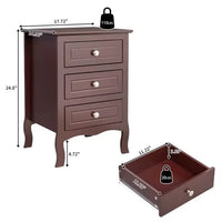 Country Style Side Table, Nightstand with 3 Drawers, Bedside Tables with Wood Frame, Mid-Century Modern Nightstand with Storage, Bed Side Table & Night Stand End Table for Bedroom, Living Room, Brown