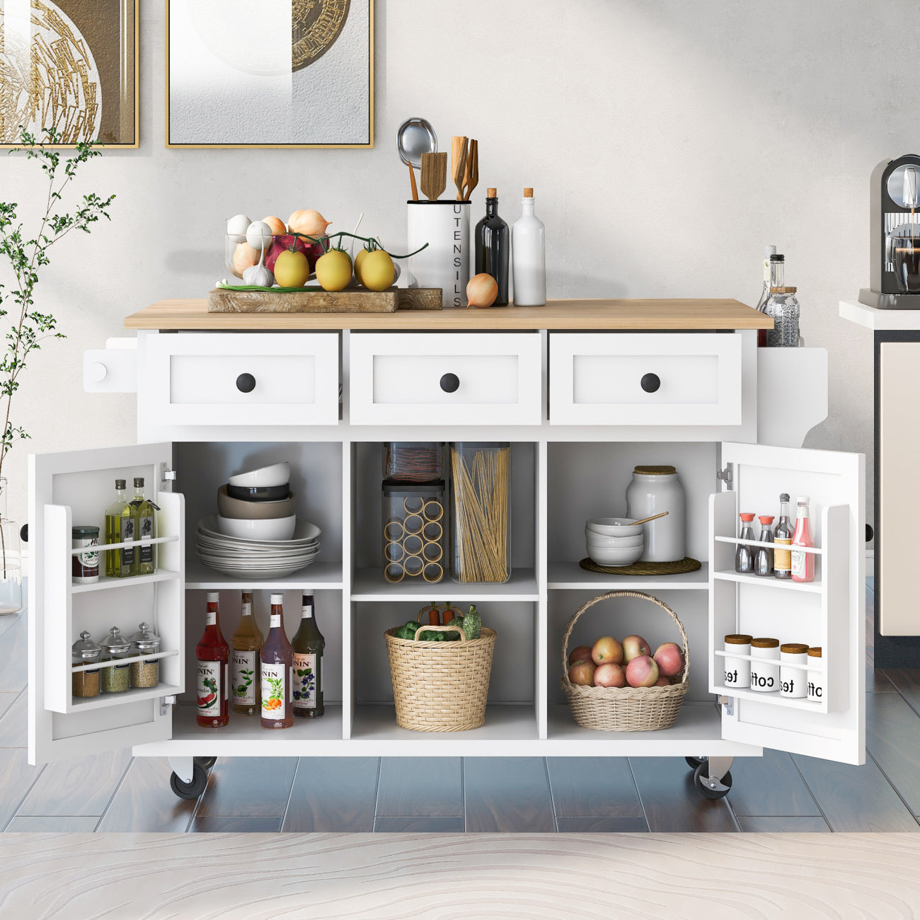 53.1"Rolling Mobile Kitchen Island Cart with Rubber Wood Drop Leaf Countertop and 3 Drawers, Rolling Kitchen Island with Smooth Wheels, Adjustable Shelves and 3 Drawers for Dining Room,White