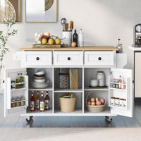 53.1"Rolling Mobile Kitchen Island Cart with Rubber Wood Drop Leaf Countertop and 3 Drawers, Rolling Kitchen Island with Smooth Wheels, Adjustable Shelves and 3 Drawers for Dining Room,White