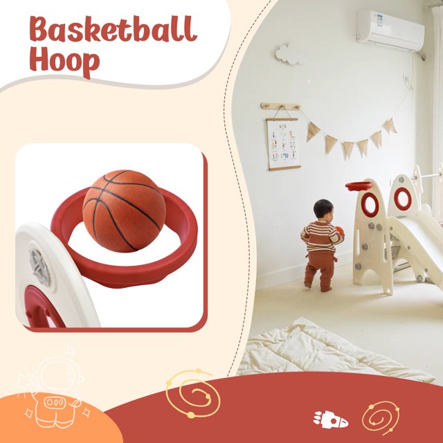 4 in 1 Toddler Slide and Swing Set, Kids Playground Climber Slide Playset with Basketball Hoop and Adjustable Stable Swing, Outdoor Indoor Freestanding Combination for Boys and Girls ,Red