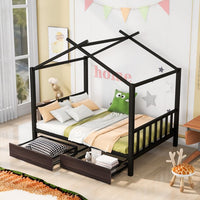 Full Size Metal House Platform Bed with Two Drawers, Low Platform Bed Frame with Headboard and Footboard, Roof Design House Bed for Kids, Teens and Adults, Sturdy Metal Slats Support, Black
