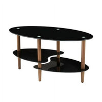 Oval Glass Coffee Table,Center Coffee Table Perfect for Living Room/Small Places,3-Tier Glass Coffee Table with Oak Legs,8mm Thick Tempered Glass Tea Table with Non-Slip Foot Pads-Black
