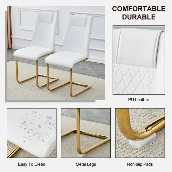 Faux Leather Dining Chairs Set of 6, PU Leather Accent Chairs with Backrest, Metal Legs, 6pcs Armless Parsons Chair for Bed Room,Kitchen, Living Room, White+Gold