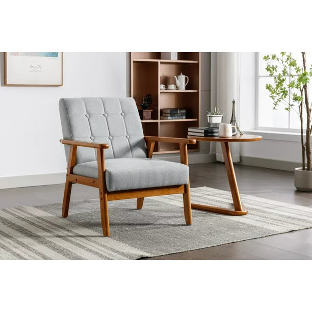 Accent Armchair, Modern Linen Fabric Upholstered Leisure Single Sofa Chair with Solid Wood Armrest and Feet, Comfy Lounge Side Chair Reading Chair for Living Room Bedroom Office Studio, Light Gray