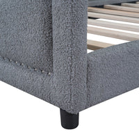 Twin Size Upholstered Daybed, Cute Teddy Fleece Sofa Bed with OX Horn Shaped Headboard, Wooden Platform Bed Frame for Teens Adults, No Box Spring Needed, Gray