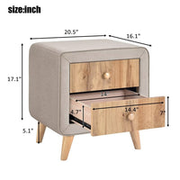 Storage Nightstand with 2 Drawers and 2 Round Handles, Linen Upholstered Wooden Bedside Table with 4 Legs, Storage Nightstand for Bedroom Living Room, Beige