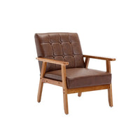 Accent Chair Mid-Century Modern PU Armchair with Solid Wood Armrest and Feet Comfy Leisure Chair Single Sofa Chair Lounge Chair for Living Room Bedroom Studio, Brown