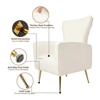 Modern Velvet Accent Chair, Wingback Arm Chair with Gold Metal Legs, Upholstered Single Sofa Chair with Tufted Back, Leisure Armchair Lounge Chair Reading Chair for Living Room Bedroom, White
