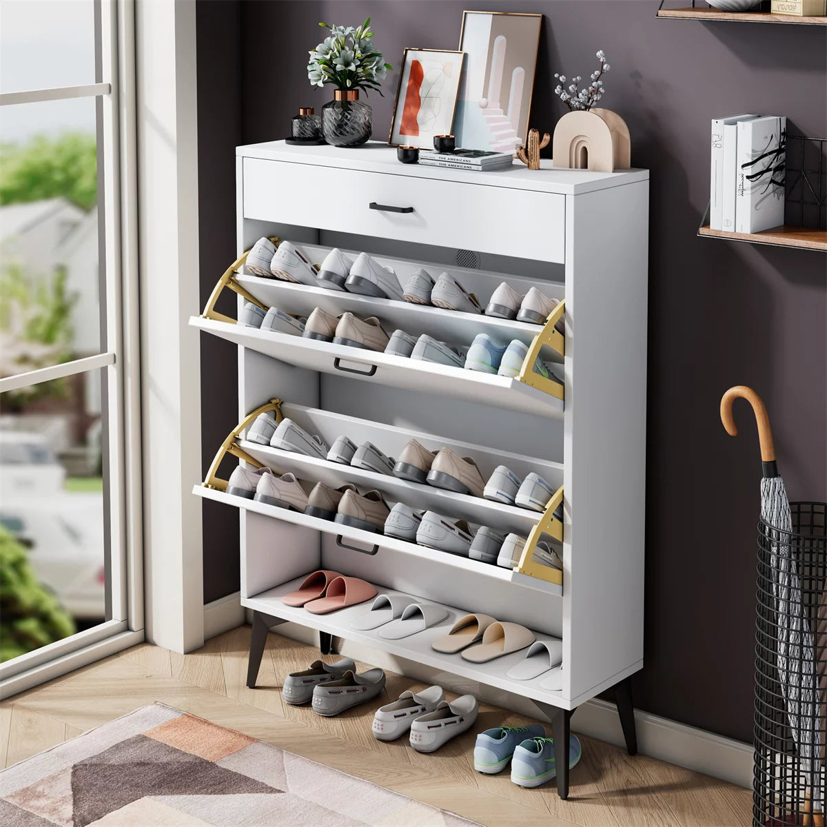 Shoe Cabinet with 2 Flip Drawers and Open Shelf,Free Standing Shoe Racks Storage Cabinet with Metal Legs,Shoe Rack Organizer Entrance Shoe Storage Cabinet Narrow Closet for Entryway Hallway,White
