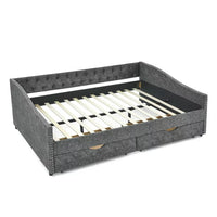 Queen Size Daybed with 2 Drawers, Upholstered Tufted Sofa Bed Frame with Wood Slats Support & Button Back & Copper Nailed Armrests, for Bedroom, Living Room, No Box Spring Needed, Gray