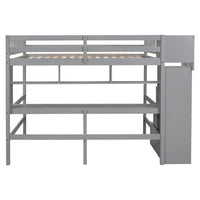 Full Size Loft Bed with Built-in Desk and Bookshelves, Wooden Bed Frame with Storage Staircase and Full-length Guardrail for Kids Teens Adults Bedroom, No Box Spring Needed, Gray