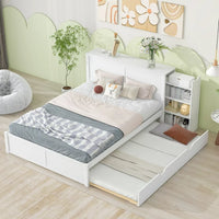 Queen Size Platform Bed with Twin Size Trundle,Storage Platform Bed with Pull Out Shelves,Two Built-in 4-Tier Storage Shelves,Wooden Bed Frame with Wood Slats Support for Kids Teens Bedroom,White
