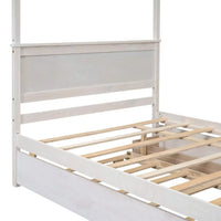 Full Size Canopy Bed with Trundle Bed and 2 Drawers, Wood Full Platform Bed with Headboard, Footboard and Slat Support, Modern 4 Poster Panel Bed, No Box Spring Needed, Brushed White