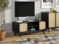 Rattan TV ConsoleTable, Farmhouse Media Entertainment Center with 2 Cabinet & Adjustable Shelves, TV Stand for Living Room Bedroom Apartment, Black