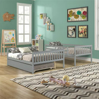 Detachable Twin over Full Bunk Bed with Trundle, Triple Kids Bunk Beds, Pull-out Combination Bed with Casters, Wooden Bed Frame for Kids Adults, Convertible to 2 Platform Beds with Guardrails, Gray