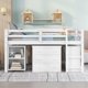 Full Size Loft Bed with Pull-out Desk, Wood Low Loft Bed with 3 Storage Drawers and 2-Tier Shelves, Storage Bed Frame with Ladder and Full-length Guardrails for Kids Teens Bedroom, White