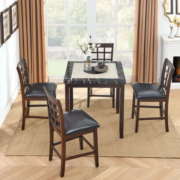 Dining Table Set for 5, Modern Kitchen Table and Chairs Set, Faux Marble Tabletop and 4 PU Leather Upholstered Chairs Dining Set for Living Room, Kitchen, Dining, Compact Space - (Table + 4 PU Chairs)