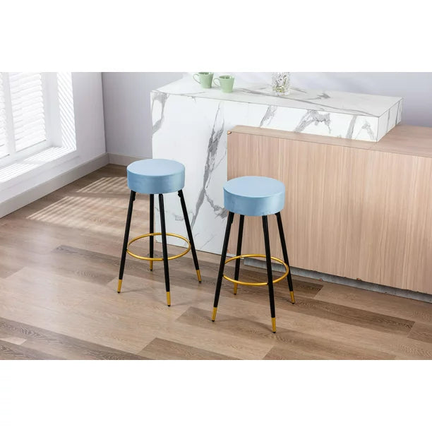 Set of 2 Round Velvet Stools Upholstered, 24 Inches Height Stools with Golden Footrest for Kitchen Island Coffee Shop Bar Home and Balcony, Blue