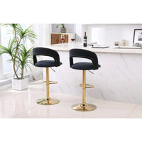 Bar Stool Set of 2, Velvet Swivel Bar Stools, Adjustable Counter Height Swivel Barstools with Back and Gold Base for Kitchen Island Pub Dining Room, 20.1"W×19.7"D×34.6"~42.9"H, Black